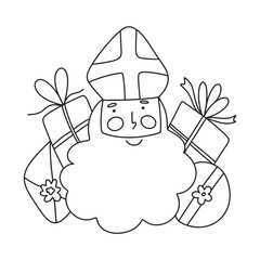 Saint Nicholas or Sinterklaas cute doodle portrait. vector illustration of St Nick with presents contour line outline drawing. Coloring page.