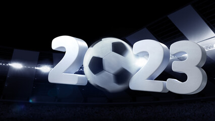 Flight of soccer football ball through dark evening stadium with spotlights. Concept of sport, art,...