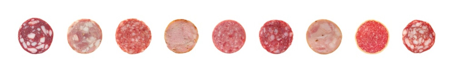 Cross sections of different types of sausages isolated set on white background  