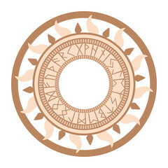 Runic circle, an ancient Slavic symbol, decorated with Scandinavian patterns. Beige fashion design