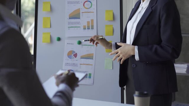 Group of business men and women holding statistical data and charts of brainstorming financial reports. Financial analysis with the manager of a large company. 4k video