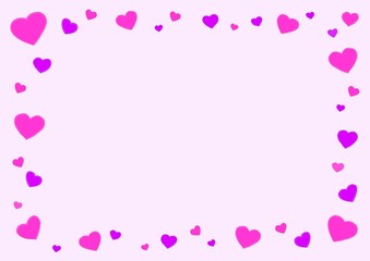 ピンクやマゼンタのハートを散りばめたフレーム背景素材。Frame background material with scattered pink and magenta hearts.