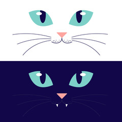 Faces of white and black cats. Vector illustration. Template for banner, postcard, poster or t-shirt. Cat muzzle in flat style