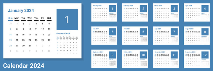 Template of desk calendar 2024 with minimal design and blue as main color. vector of calender 2024 week start on sunday and sunday as weekend. A5 size. good for planner, schedule, agenda, etc.