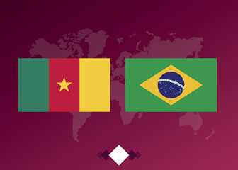 Football tournament poster. Football match between Cameroon and Brazil Vector graphics. World map.