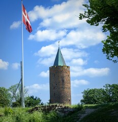 Vertical shot of the Goose Tower in Denmark surrounded by green trees, and the flag of Danmark