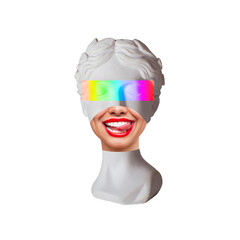 Antique smiling female statue's head with red lips shows tongue isolated on a white background. Trendy abstact collage in magazine surreal style. 3d contemporary art. Modern design
