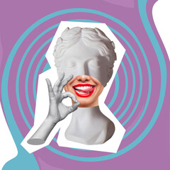 Antique smiling female statue's head with red lips shows tongue and the ok gesture with hand on abstract color background. 3d trendy collage in magazine surreal style. Contemporary art. Modern design