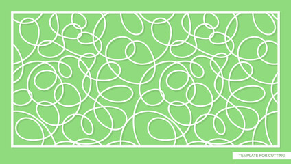 Horizontal rectangular panel with pattern of chaotic lines. Abstract geometric ornament from loops, waves, swirls. Template for plotter laser cutting of paper, metal engraving, wood carving, cnc. 