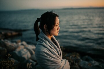 Asian woman cuddled with a blanket on the coastline looking aside during sunset