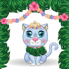 Cartoon cat dressed as a hula dancer under the ukulele, Hawaii. Summer, vacation. Cute child character, symbol of 2023