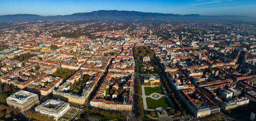 Aerial view of the downtown of the city Zagreb in Croatia,  on a sunny morning autumn day