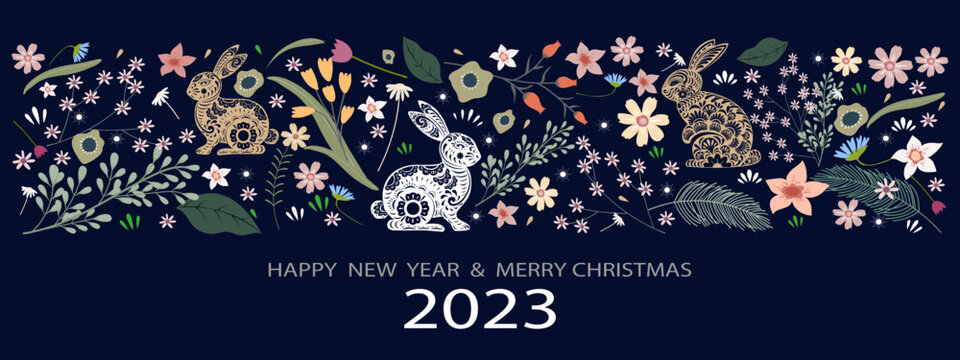 2023 Happy New Year and Mery Christmas banner,Vector Beautiful Greeting card or backdrop for Paper cut rabbits with cute multicolour of Spring flowers and other elements on blue background.