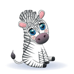 Cute cartoon zebra is sitting and waving its tail. Children's character.