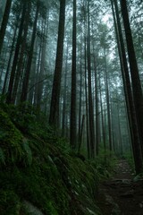 Fototapeta premium Vertical shot of tall trees in a dense forest