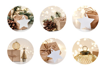 Round Christmas stickers set cut out on white, golden beige colors. Christmas zero waste, boxing day and winter holidays