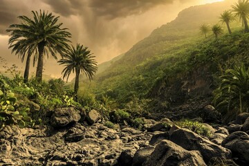 Beautiful landscape of plants and trees grown on a volcano under a cloudy sunset sky
