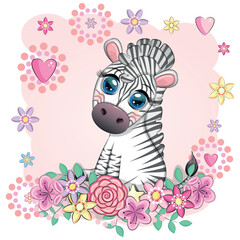 Cute cartoon zebra sits in flowers. Childish striped character, African animals