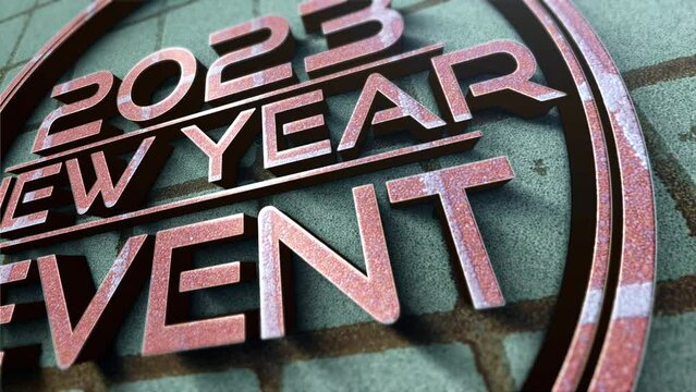 3D animation of 2023 New Year Event pink gold chrome text cinematic title. Ending cover for end scence trailer winter snow, Christmas and New year event background