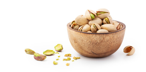 Pistachio in wood bowl on white background