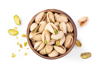 Pistachio in wooden bowl on white background