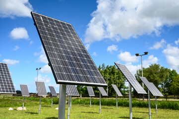 Solar cell plant. Solar energy farm. Solar panels. Producing clean renewable energy from the sun. Photovoltaic solar cells. 