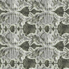 Hand drawn triceratops fossil bones dinosaur seamless pattern. Gender Neutral Jurassic silhouette. Home decor for museum, excintion and textile design.  © Leah