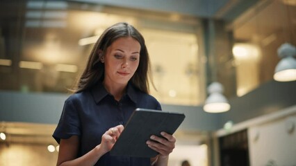 Female Data Analyst Smiling While Checking New Data for the Day. Portrait of White Businesswoman Walking Towards her Business Office in a Spacious Corporate Building. Low Angle, Slow Motion - Powered by Adobe