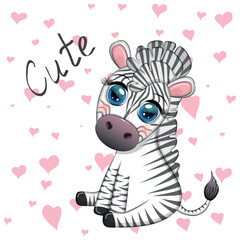 Cute cartoon zebra is sitting and waving its tail. Children's character.