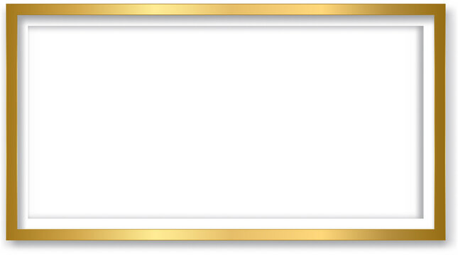 Gold shiny glowing vintage frame with shadows isolated transparent background. Golden luxury realistic rectangle border. Vector illustration