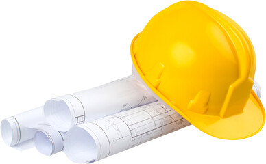 Construction Plans And Safety Helmet - Isolated