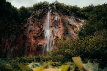 Low-angle shot of a beautiful waterfall in Plitvica, Croatia