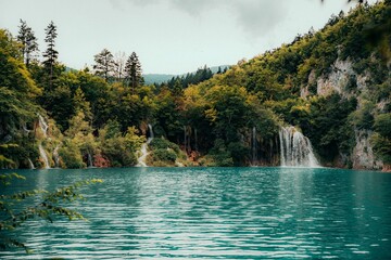 Low-angle shot of a beautiful waterfall in Plitvica, Croatia