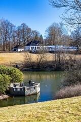 Fototapeta premium Vertical shot of a cottage at a lake shore on a sunny autumn day
