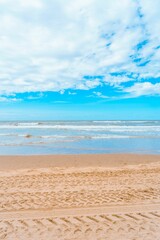 Scenic vertical view of a beautiful sandy beach against a blue cloudy sky in Zandvoort - obrazy, fototapety, plakaty