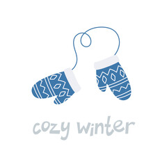 Christmas card design with warm decorated mittens. Winter holiday design for cards, paper prints, web banners.