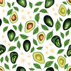 Avocado seamless pattern. Whole and sliced avocado with leaves and flowers.