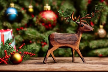 AI-Generated Image of a Wooden Reindeer Christmas Decoration