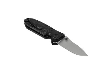 Pocket folding knife isolate on white back. Compact metal sharp knife with a folding blade.