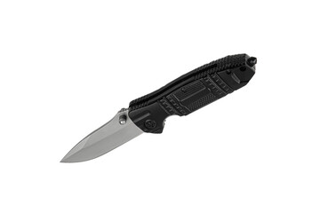Pocket folding knife isolate on white back. Compact metal sharp knife with a folding blade.