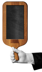 Hand of waiter or chef with white work glove holding an old wooden cutting board with a blank chalkboard inside isolated on white or transparent. Template for recipes or food and drink menu, png.