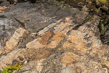 Closeup of a natural stone with white mossy stripes and orange colors, uneven surface