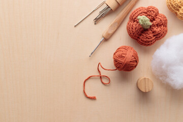 Cotton Yarn Skeins for Crocheting Handmade on a Light Colored Wooden background
