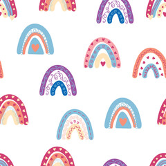 Rainbow seamless pattern in pastel colors. Scandinavian baby hand drawn illustration for textiles and newborn clothes.