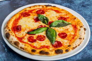Yummy pepperoni pizza decorated with basil and served on a white plate on blue table
