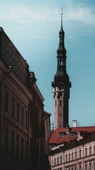 Vertical shot of cathedral behind building in the old town of Tallinn