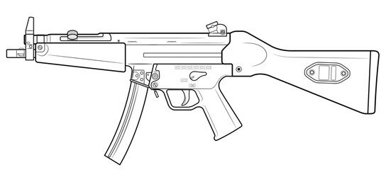 Vector illustration of the MP5 machine gun with stock on the white background. Left side.