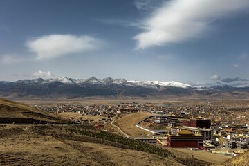 Panoramic view of the city of Litang, Sichuan, China, surrounded by snowy mountains
