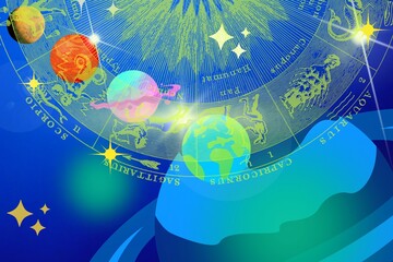 background with space Zodiac Astrology Horoscope signs and many plants illustration image with blue background 