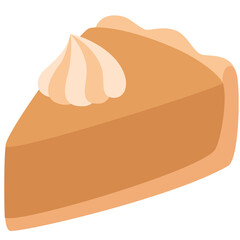 One slice of thanksgiving pumpkin pie with crust, cream filling and whipped cream on top